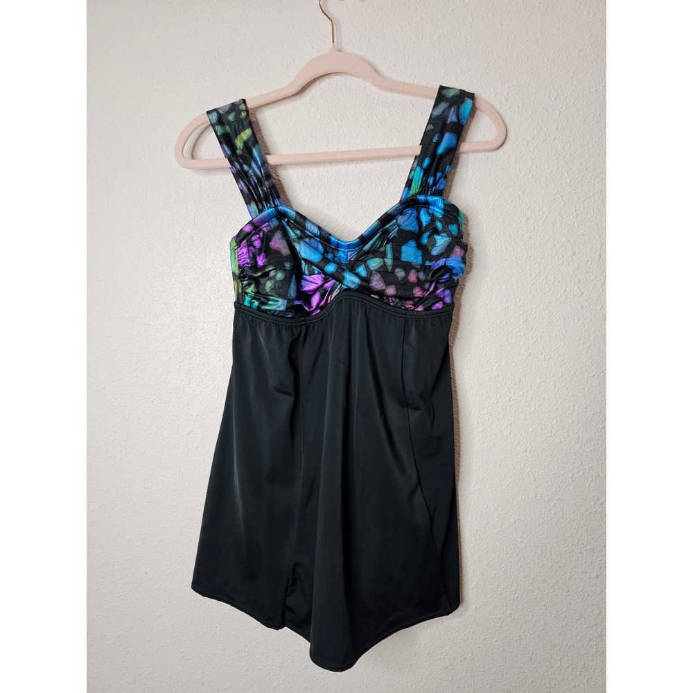 Longitude Women Black Multi Abstract Swim Dress One Piece Swimsuit Size 10
